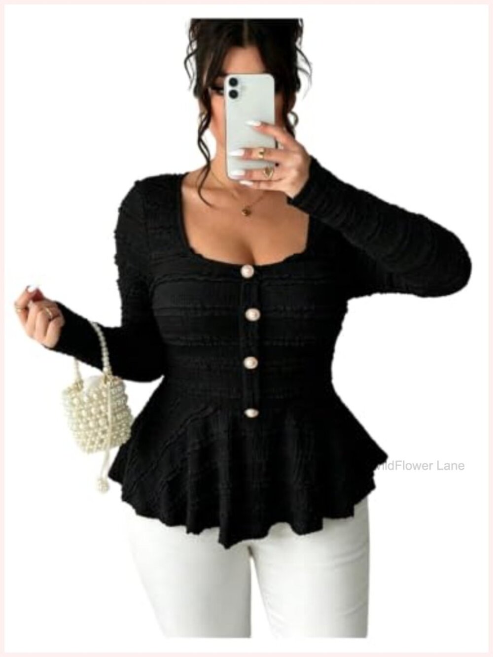 Plus Size Peplum Top Square Neck Long Sleeve Ruffle Hem Pearl Buttons Blouse